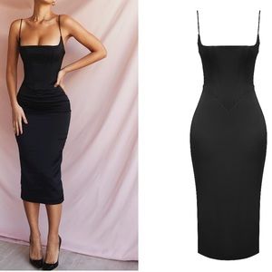 NEW ANAIS BLACK SATIN POINTED CORSET MIDI DRESS House of CB